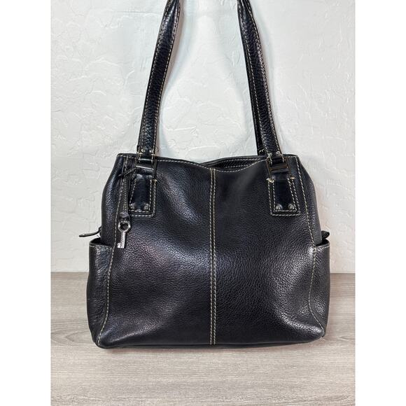 Vintage Fossil 75082 Black Pebbled Leather Handbag Silver Hardware Key - Picture 2 of 8